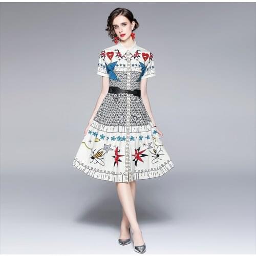 Women Summer Dress Elegant Party Night A-LINE Printing Mid-Calf Women Dresses V-Neck Office Lady Vintage 2021 New Women Dresses