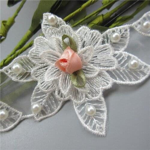 10pcs 6cm*6.5cm Polyester Pearl Rose Flower Lace Trim Embroidered Lace Ribbon Fabric Sewing Craft Costume Dress DIY Accessories