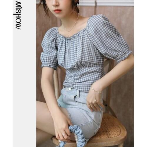 MISHOW Plaid Chiffon Blouse Womens Summer 2021 New Slim Square Neck Puff Sleeve France Styles Tops Female Shirts MXA22X0008