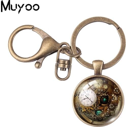 2021 New Steampunk Clock Keychain Art Painting Glass Cabochon Photo Jewelry Round Keyring Mens Vintage Key chains