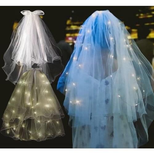 Led Lights Bridal Veils Wedding Girls Princess Luminous Veil Fairy Bowknot Ribbon Double Layer Veil For Female Hair Decoration