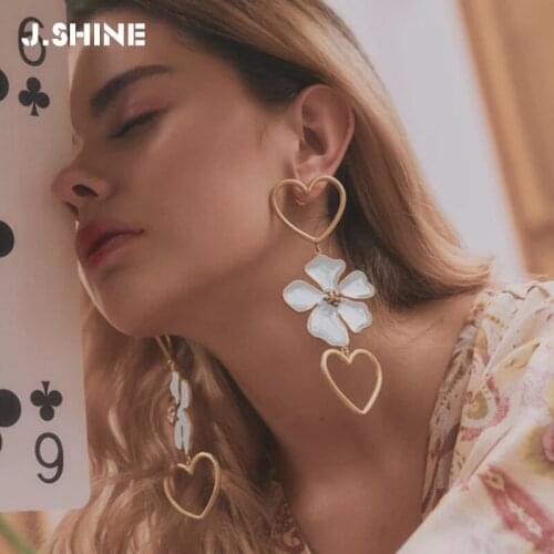 JShine Hyperbole Large White Black Enamel Flower Statement Earrings Women Gold Color Heart Long Drop Crystal Hanging Earrings