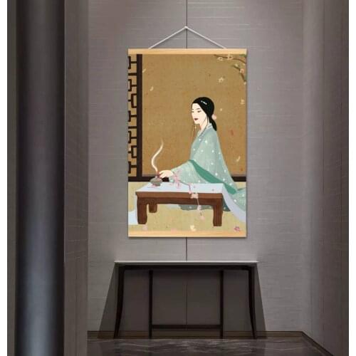 Chinese Style Canvas Painting Ancient Women Poster and Print Home Decoration Fashion Wall Art Pictures with Wooden Frame