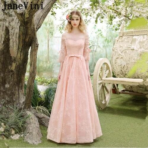 JaneVini Beautiful A Line Long Bridesmaid Dresses for Weddings Boat Neck Half Sleeves Lace Floor Length Women Formal Prom Gowns