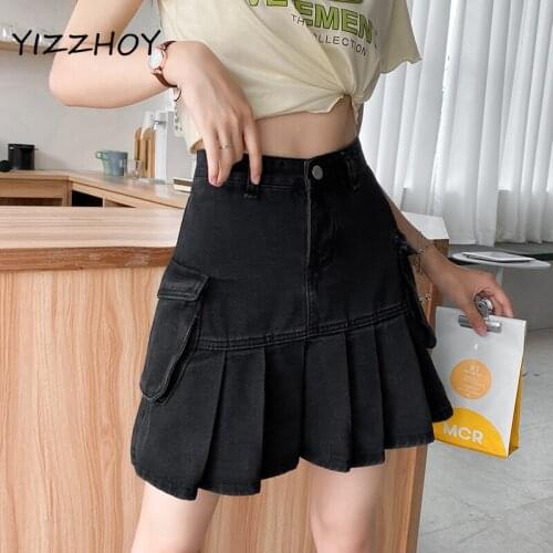 YIZZHOY Summer Female Ruffles Ladies Short Jeans Skirts High Waist Women PleatedStreetwear Retro Black Denim Mini Skirt