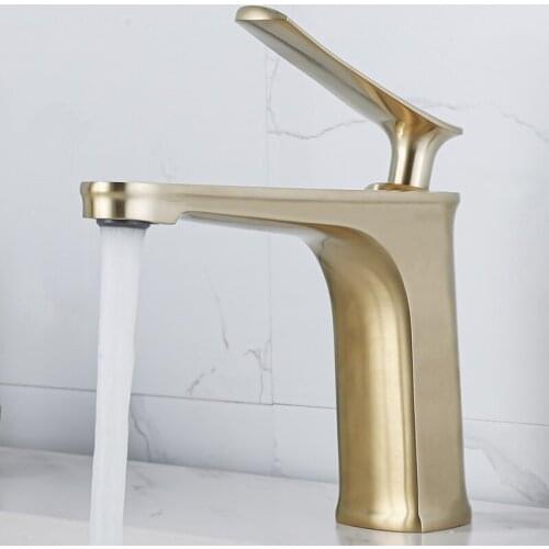 Brushed Gold Bathroom Basin Faucets Solid Brass Sink Mixer Water Tap Hot & Cold Single Handle Deck Mounted Lavatory Crane Vessel