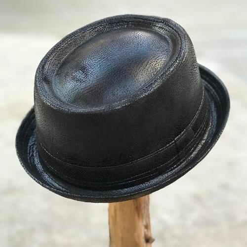 Fashion Leather Men Fedora Hat Gentleman Flat Pork Pie Hat For Dad Bowler Church Jazz Sun Hat Big 4Size S M L XL