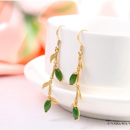 MetJakt S925 Sterling Silver Fashion Chinese-Style Hetian Jasper Ear Pendant Elegant Bamboo Leaves