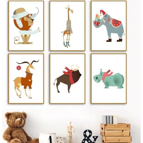 Cartoon Hippo Monkey Elephant Giraffe Animals Nordic Posters And Prints Wall Art Canvas Painting Wall Pictures Kids Room Decor