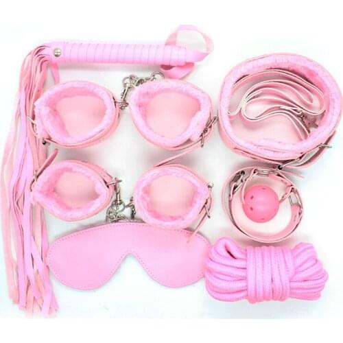 7PCS PU Leather BDSM Bondage Restraints Set Kit Ankle Hand Cuffs Whip Rope Blindfold Fetish Erotic Toys for Women Men Adult Game