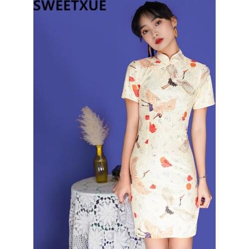 SWEETXUE Cheongsam Dresses 2021 New Girl Modern Chinese Style Dress Hollow Out Print Fashion Slim Qipao Vestido Mujer