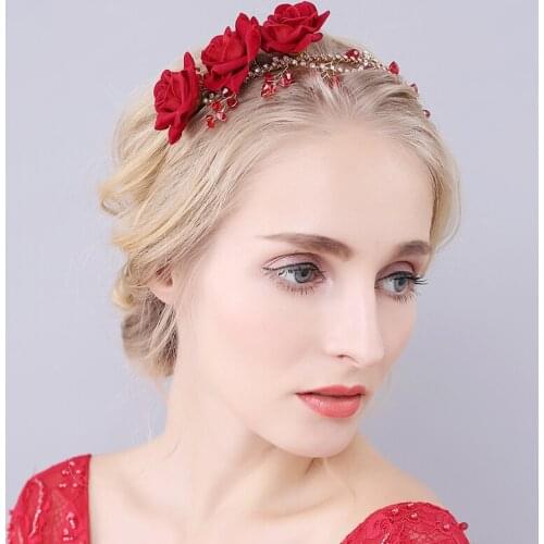 Exquisite Elegant Bridal Headdress Alloy Velvet Rose Head Flower Hair Hoop with Red Rhinestone for Wedding Perform Studio O931