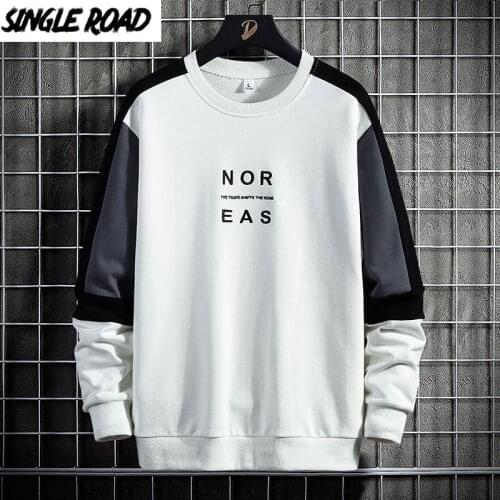 Single Road Crewneck Sweatshirt Men 2021 Spring Patchwork Japanese Streetwear Harajuku Oversized White Hoodie Men Sweatshirts