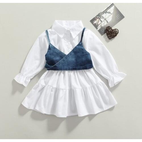 Fashion 2021 Auutmn Infant Girls Dresses Cute Button-down Long Sleeve Lapel Dress+Surplice Neckline Spaghetti Strap Camisole Set