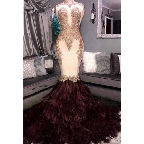 2019 Mermaid Prom Dresses Long High Neck Lace Appliques Beads Evening Dress Feathers Black Girls Plus Size Formal Dress BP086