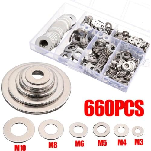 660pcs M3 M4 M5 M6 M8 M10 Flat Copper Washers Copper Gaskets Set Flat Ring Seal Kit Set for Machinery Equiment Stainless Steel