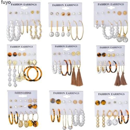 Bohemian Tassel Acrylic Simulated Pearl Earring For Women Shell Earrings Set Geometric Stud Earring Brincos Female Jewelry