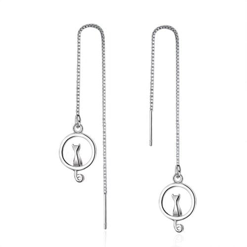 Sweet Moon Cat Animal 925 Sterling Silver Lady Long Tassel Stud Earrings Promotion Jewelry For Women Drop Shipping