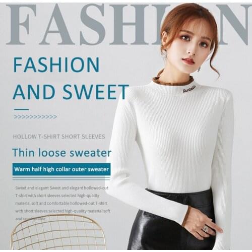 Half Turtleneck Sweater Fall/Winter Bottoming Shirt Western Style Tops Letter Embroidered Inside Knitted Thickened Pullover Tops