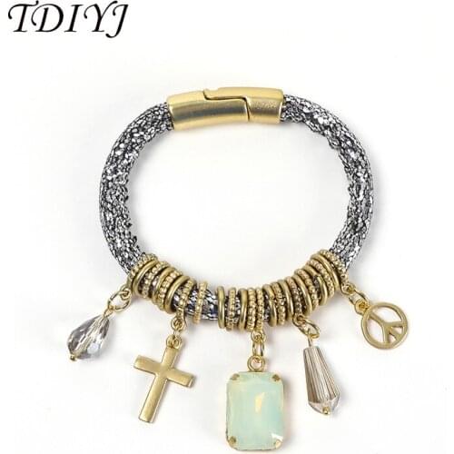 TDIYJ New Fashion Jewelry Bohemia Beach Charms Bracelets Magnetic Buckle Leather Bracelets & Bangles Women Lady Gifts 1Pcs