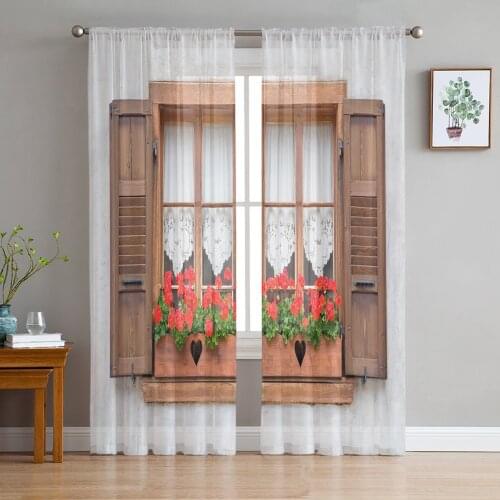 Wooden Window Red Flowers Vintage Style Sheer Curtains for Living Room Tulle for Windows Voile Yarn Short Bedroom Curtains