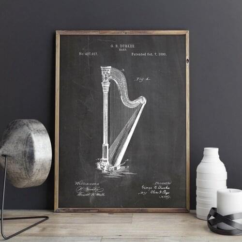 Harp Instrument Patent Blueprint Vintage Poster Prints Music Room Decor Orchestra Art Canvas Painting Picture Home Decoration