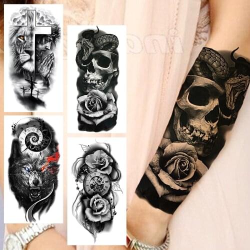 Black Skull Snake Temporary Tattoos For Women Men Realistic Lion Praying Wolf Fake Tattoo Sticker Forearm Body Tatoos Serpent