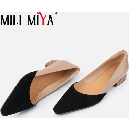 MILI-MIYA Hot Sale Retro Genuine Leather Faux Suede Patchwork Pumps Shallow Pointed Toe Comfy Low Square Heel Office Lady Shoes