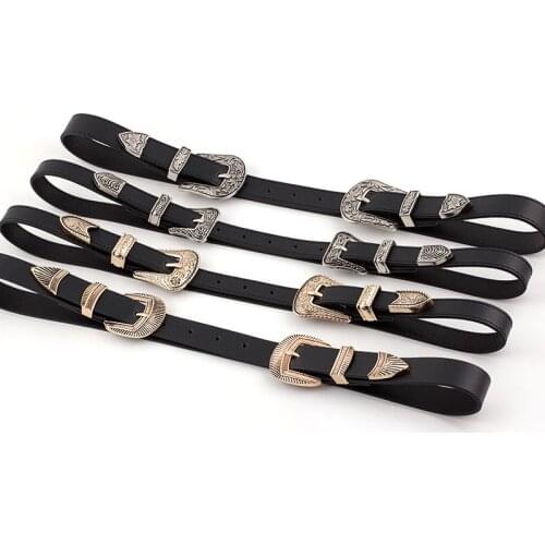 Black PU Leather Belts for Women Vintage Antique Silver Gold Double Carved Metal Pink Buckle Waist Belt Dress Jeans Waistband