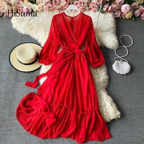 2021 spring new womens V-neck lantern sleeve lace-up ruffles chiffon fairy dress female chic National style A-line dresses