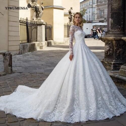 Robe De Marriage Lace Tulle Long Sleeves O Neck Wedding Dress For Women Princess Ball Gown Backless Bridal Dresses Sweep Train