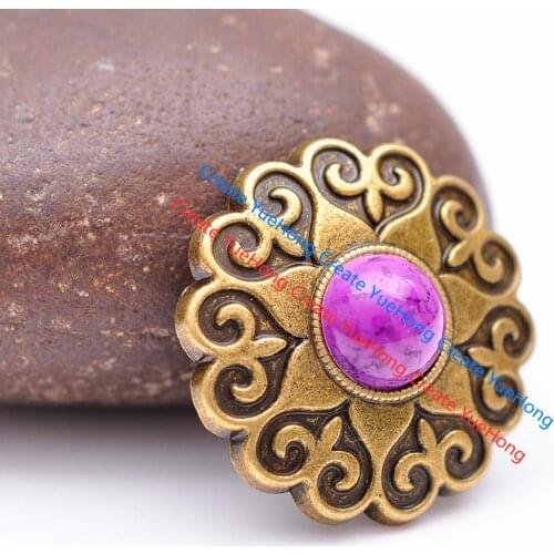 10X 30MM Retro Brass Western Biker Celtic Flower Carved Stone Beads Leathercraft Belt Saddle Bridle Concho