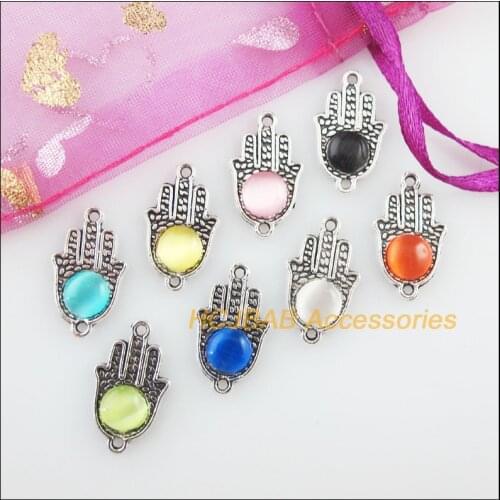 24 New Palm Charms Tibetan Silver Tone Retro Mixed Cat eye Stone Connectors 10.5x18mm