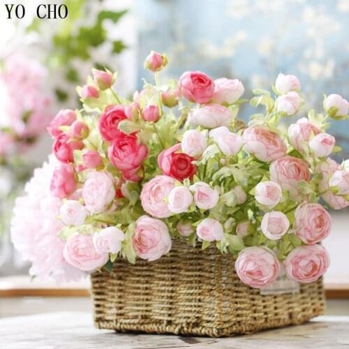 YO CHO Home Decoration Accessories Artificial Flower Red Mini Peony Tea Rose Fake Flower Bridemaid Silk Wedding Flowers Wall DIY