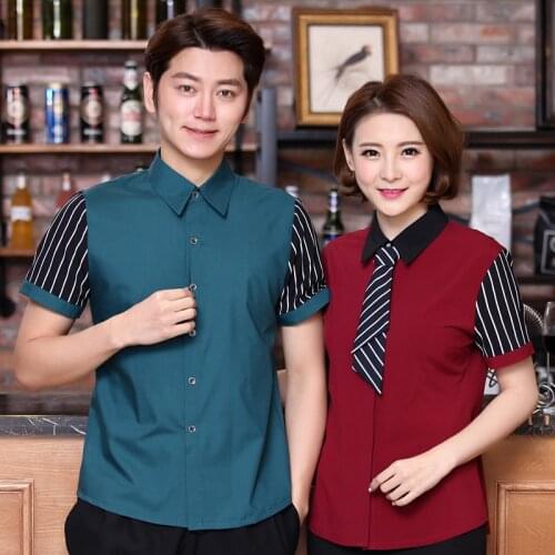 Free Shipping Supermarket Workwear Hotel Hotpot Restaurant Waitress Shirt+Apron 2pcs Set Catering Net Bar Waiter Uniform