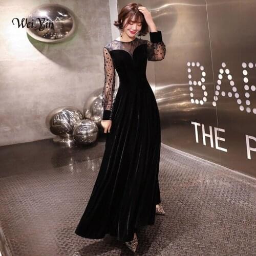 Weiyin Black Muslim Evening Dresses 2021 A-line O-neck Long Sleeves Velvet Islamic Dubai Saudi Arabic Long Formal Evening Gown