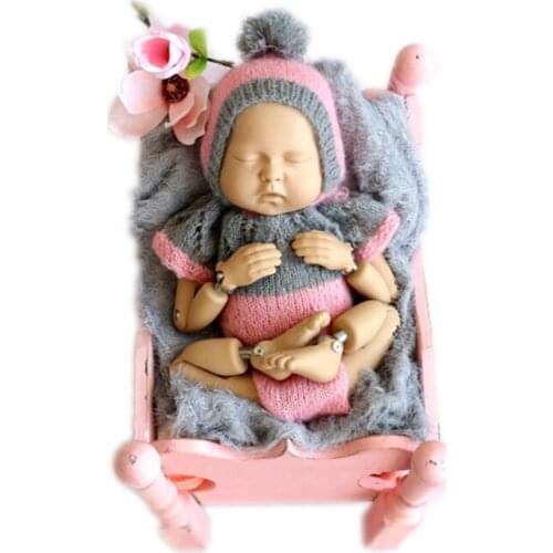 Baby Girl Photography Props Mohair Newborn Romper and Bonnet Knit Baby Photo Prop Hat Vintage Newborn Bonnet Overalls Outfit