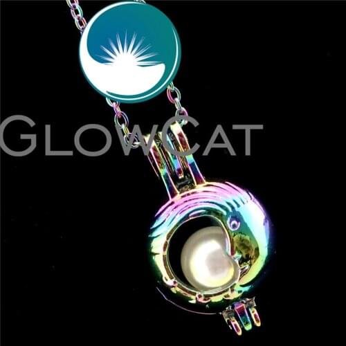 GLOWCAT R-C299 Rainbow Color Moon Face Star Beads Cage Pendant Perfume Diffuser Aromatherapy Pearl Cage Locket Necklace