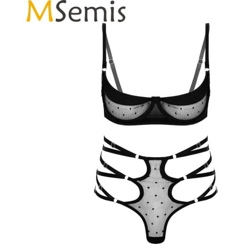 Women Dot Pattern Two-piece Lingerie Sets Underwire Unlined Low Cut Mesh Bra with Strappy See-through T-back for Nightclub