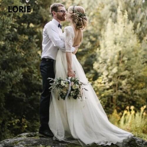LORIE Summer Wedding Dresses Open Back A-Line Princess Wedding Gown Boho Half Sleeves Lace Bridal Dress vestidos de verano
