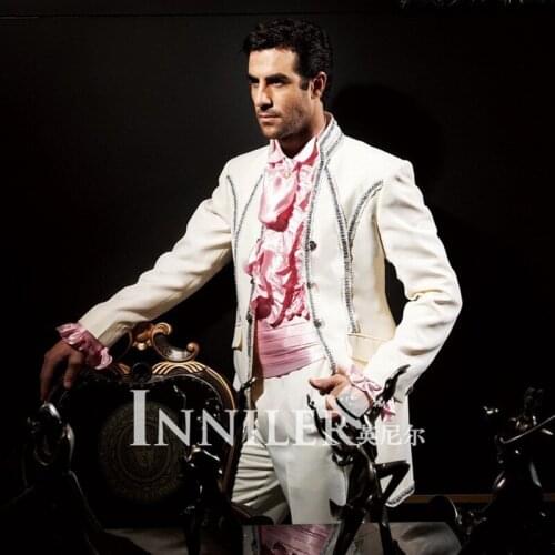 New Style Groomsmen Mandarin Lapel Groom Tuxedos Ivory Mens Suits Wedding Best Man (Jacket+Pants+Tie+Hankerchief) B805