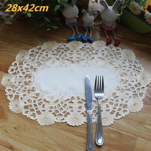 Pastoral Cotton Cloth Hollow Embroidery Craft Oval Placemat Coffee Set Table Mat Kitchen Plate Bowl Heat Insulation Decoration