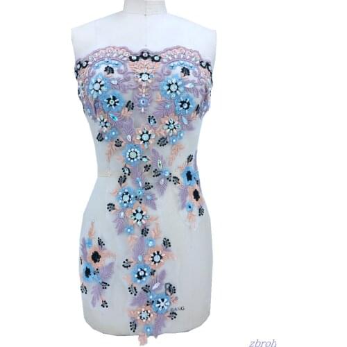 Handmade lilac Hot drilling Rhinestone pearl lace embroidery patch applique wedding dress bordados DIY Performance clothing