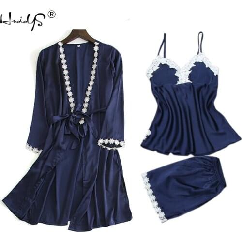 Casual Pyjamas for Women 2018 Spring Autumn Pajama Suit Lace Sleepwear 3pcs Set Sexy Silk Robe Set Loose Pijamas Mujer Nightwear