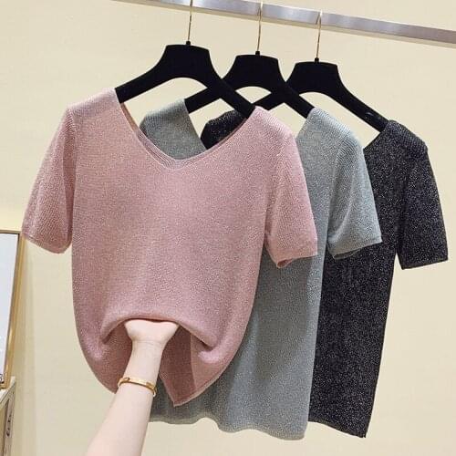 Shiny lures Summer Knitted Pullover V neck Women Clothes 2021 Short Sleeve Tops solid Sweater Casual wholesale good quality