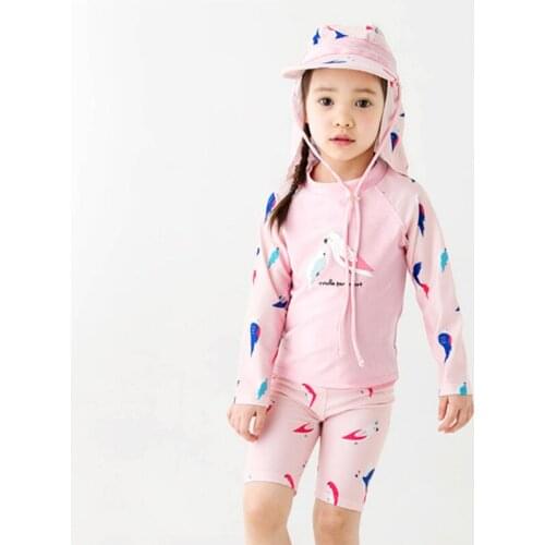 Girls Long Sleeve Rash Guards Pink Birds 2-10 Y Children Two Pieces Swimsuit Kids Surfing Suit with Sunny Hat Baby Sandy Swear