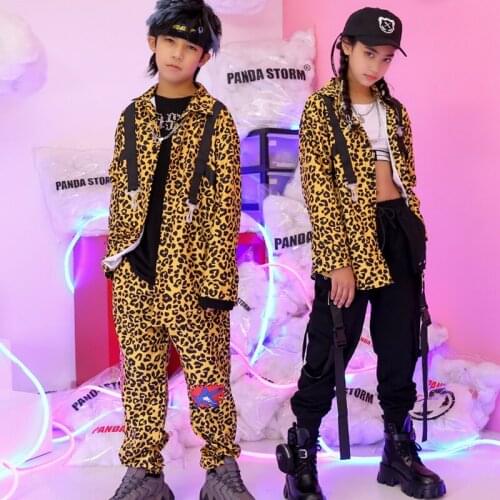 Boys Hip Hop Clothing Leopard Printed Loose Long Sleeve Shirt Trousers Girls Jazz Costume Performance Suit Stage Outfit BL5025
