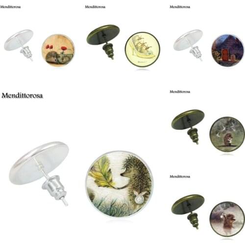 Mendittorosa Hedgehog Fashion Glass Cabochon Bronze/Silver/Golden Clip Ear Hook Stud Earrings For Women Statement Round