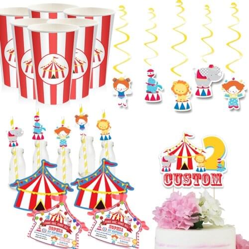 Circus Party Birtday Supplies Carnival Cake Topper Paper Cups Invitations Hanging Decor Favor Boxes Favor Bags Straws Carnival