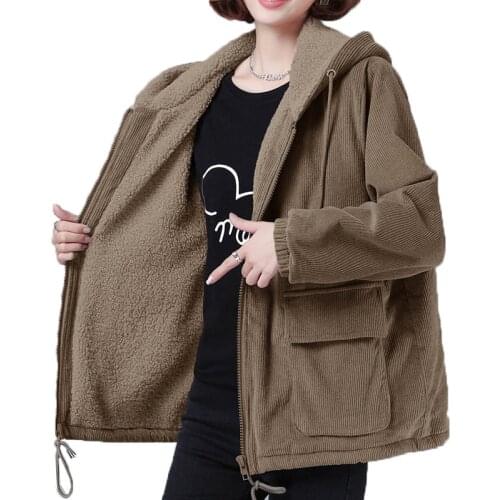 Womens Corduroy Jacket 2020 New Autumn Winter Jackets Large Size Plus Velvet Thickening Keep Warm Cotton Coat Windbreaker 5XL
